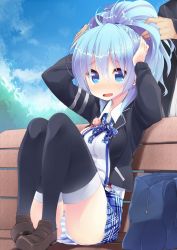 Rule 34 | 1boy, 1girl, ass, black thighhighs, blazer, blue hair, blush, borrowed character, fang, head out of frame, highres, jacket, loafers, long hair, nigo (aozoragarou), original, panties, pantyshot, playing with another&#039;s hair, ponytail, shoes, sitting, solo focus, striped clothes, striped panties, tears, thighhighs, underwear, upskirt