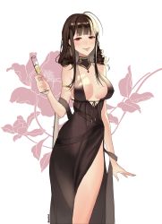 Rule 34 | 1girl, absurdres, artist name, blush, breasts, brown dress, brown hair, champagne flute, closed mouth, cup, dress, drill, drill hair, drill sidelocks, drinking glass, dsr-50 (girls&#039; frontline), dsr-50 (highest bid) (girls&#039; frontline), girls&#039; frontline, highres, holding, holding cup, lips, long hair, looking at viewer, medium breasts, official alternate costume, red eyes, sidelocks, simple background, smile, sobi (dnenqkswja), solo, standing, wine glass