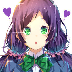 Rule 34 | 10s, 1girl, :p, blazer, bow, bowtie, close-up, green eyes, hair ornament, long hair, looking at viewer, love live!, love live! school idol project, low twintails, nuira, purple hair, school uniform, solo, tongue, tongue out, tojo nozomi, twintails