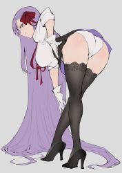 Rule 34 | 1girl, absurdly long hair, ass, bb (fate), bb (fate/extra), bent over, black thighhighs, breasts, fate/extra, fate/extra ccc, fate (series), from behind, full body, gloves, grey background, hair ribbon, hand on own hip, hanging breasts, haoni, high-waist skirt, high heels, highres, large breasts, long hair, long legs, looking at viewer, looking back, microskirt, panties, profile, purple eyes, purple hair, ribbon, simple background, skirt, smile, solo, standing, thighhighs, underwear, very long hair, white gloves, white panties