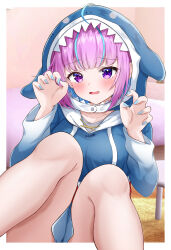 Rule 34 | 1girl, absurdres, ahoge, animal costume, blue hair, blue hoodie, blue nails, blush, breasts, colored inner hair, cosplay, gawr gura, gawr gura (1st costume), gawr gura (cosplay), highres, hololive, hololive english, hood, hoodie, large breasts, looking at viewer, minato aqua, multicolored hair, nail polish, open mouth, pink hair, purple eyes, rinkaa (lovelive765pro2), shark costume, short hair, solo, virtual youtuber