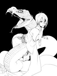Rule 34 | 10s, 1boy, animal, black background, fangs, forked tongue, giant snake, greyscale, looking at viewer, male focus, mikazuki munechika, monochrome, nail polish, off shoulder, open mouth, oversized animal, parted lips, short hair, slit pupils, snake, solo, tongue, tongue out, touken ranbu, zuwai kani