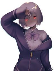 Rule 34 | 1girl, arm up, bow, bowtie, chromatic aberration, closed mouth, collared shirt, gridman universe, hair between eyes, highres, jacket, light purple hair, long sleeves, puchiman, purple bow, purple bowtie, purple jacket, red eyes, red pupils, shinjou akane, shirt, short hair, simple background, sleeves past wrists, smile, solo, ssss.gridman, white background, white shirt, zipper pull tab