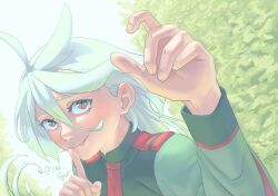 Rule 34 | 1girl, ahoge, arm up, asticassia school uniform, commentary, dutch angle, english commentary, eye reflection, finger to mouth, green jacket, grey eyes, grey hair, gundam, gundam suisei no majo, hair between eyes, highres, ink gmbt, jacket, long hair, looking at another, miorine rembran, necktie, red necktie, reflection, school uniform, shushing, solo, tree, twitter username, upper body