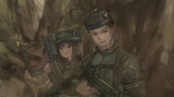 Rule 34 | 1boy, 1girl, brown eyes, brown hair, facial hair, gun, highres, holding, holding gun, holding weapon, looking at viewer, looking to the side, military, original, soldier, stubble, weapon, xerbatt