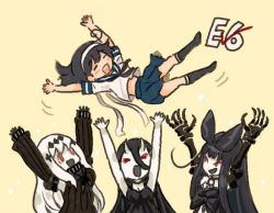 Rule 34 | 4girls, abyssal ship, ahoge, aircraft carrier water oni, arms up, battleship princess, black hair, bow, choker, claws, comic, commentary request, detached sleeves, dress, closed eyes, hachimaki, hair between eyes, hair bow, hair ornament, headband, horns, kantai collection, long hair, long sleeves, midriff, multiple girls, open mouth, pleated skirt, red eyes, saiguchi otoufu, school uniform, seaplane tender princess, serafuku, skirt, sleeveless, sleeveless dress, smile, ushio (kancolle), white hair, yellow background