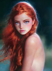 Rule 34 | 1girl, a song of ice and fire, blue eyes, chromatic aberration, eyebrows, eyelashes, female focus, forehead, freckles, from side, game of thrones, gradient background, highres, irakli nadar, lips, long hair, looking at viewer, nose, nude, orange hair, realistic, sansa stark, solo, upper body