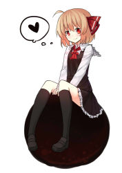 Rule 34 | 1girl, ahoge, black socks, blonde hair, blush, capelet, collared shirt, darkness, heart, highres, kneehighs, loafers, looking at viewer, miniskirt, red eyes, rumia, sh (shinh), shirt, shoes, short hair, simple background, sitting, sitting on object, skirt, smile, socks, solo, thought bubble, touhou, vest