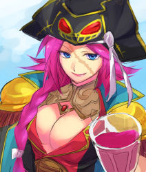 Rule 34 | 10s, 1girl, blue eyes, braid, breasts, choker, cleavage, coat, fate/extra, fate/grand order, fate (series), francis drake (fate), hat, large breasts, lips, long hair, looking at viewer, pink hair, scar, smile, solo, upper body, wine