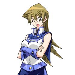 Rule 34 | 1girl, bare shoulders, blonde hair, breasts, crossed arms, elbow gloves, female focus, fingerless gloves, gloves, happy, konami, large breasts, long hair, looking at viewer, miniskirt, obelisk blue uniform, official art, one eye closed, open mouth, shiny clothes, shiny skin, skirt, solo, standing, tenjouin asuka, transparent background, very long hair, wide hips, wink, yellow eyes, yu-gi-oh!, yu-gi-oh! gx
