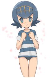 Rule 34 | 1girl, :d, bare arms, black one-piece swimsuit, blue eyes, blue hair, blue shirt, bright pupils, clenched hands, collarbone, cowboy hat, creatures (company), eyebrows, facing viewer, game freak, hair between eyes, hairband, hands up, hat, lana (pokemon), looking at viewer, multicolored clothes, multicolored shirt, nintendo, nyonn24, one-piece swimsuit, open mouth, pokemon, pokemon (anime), pokemon sm (anime), shirt, short hair, short sleeves, simple background, smile, solo, sparkle, striped clothes, striped shirt, swimsuit, swimsuit under clothes, t-shirt, thigh gap, white background, white pupils, white shirt, yellow hairband