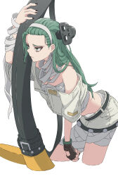 Rule 34 | 1girl, a.b.a, alpaca (alpaca00011), bags under eyes, bandaged chest, bandaged neck, bandages, bare shoulders, black gloves, black nails, fingerless gloves, gloves, green eyes, green hair, guilty gear, guilty gear strive, hairband, highres, key, key in head, long hair, looking to the side, object through head, paracelsus (guilty gear), short sleeves, skirt, stitched mouth, stitches, white hairband, white skirt
