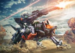 Rule 34 | command wolf, dust, explosion, firing, highres, igarashi kazuya, laser, mecha, no humans, open mouth, robot, solo, soramame (tion), standing, turret, zoids