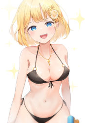 Rule 34 | 1girl, bikini, black bikini, blonde hair, blue eyes, breasts, cleavage, collarbone, front-tie bikini top, front-tie top, gold, groin, hair ornament, halterneck, highres, hololive, hololive english, jewelry, key, key necklace, light blush, looking at viewer, medium breasts, navel, necklace, o-ring, o-ring top, open mouth, side-tie bikini bottom, simple background, smile, solo, star (symbol), starry background, swimsuit, three twosix, virtual youtuber, watson amelia, white background, wide hips