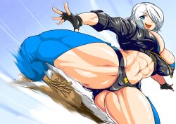 Rule 34 | 1girl, abs, alternate muscle size, angel (kof), backless pants, blue eyes, boots, bra, breasts, chaps, cleavage, cowboy boots, cropped jacket, fingerless gloves, gloves, hair over one eye, highres, jacket, kicking, large breasts, leather, leather jacket, looking at viewer, midriff, motion lines, muscular, muscular female, navel, obliques, panties, pants, short hair, smile, snk, solo, strapless, strapless bra, the king of fighters, the king of fighters xiv, thick thighs, thighs, toned, underwear, user awev8787, white hair