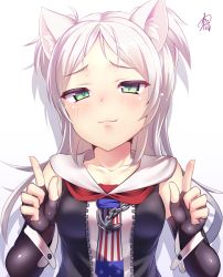 Rule 34 | 1girl, :3, american flag, anchor, animal ear fluff, animal ears, ayagi daifuku, azur lane, black gloves, black jacket, blush, cat ears, chain, closed mouth, collarbone, elbow gloves, fingerless gloves, flag print, gloves, green eyes, half-closed eyes, hands up, index finger raised, jacket, long hair, looking at viewer, neckerchief, parted bangs, sailor collar, school uniform, shadow, signature, simple background, sims (azur lane), sleeveless, sleeveless jacket, smile, solo, star (symbol), striped neckerchief, striped neckwear, two side up, upper body, white background, white hair, white sailor collar, zipper