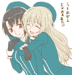 Rule 34 | 10s, 2girls, atago (kancolle), bad id, bad pixiv id, beret, black gloves, black hair, blonde hair, blush, gloves, hat, hug, hug from behind, kantai collection, long hair, multiple girls, open mouth, red eyes, short hair, smile, takao (kancolle), translation request, udon (shiratama), upper body