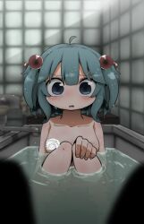 Rule 34 | 1girl, 1other, bath, bathing, bathroom, blue eyes, blue hair, blunt bangs, blush, breasts, censored, character censor, collarbone, commentary request, completely nude, faucet, full body, hair between eyes, hair bobbles, hair ornament, highres, indoors, kawashiro nitori, komeiji satori, long bangs, looking at viewer, medium breasts, medium hair, novelty censor, nude, onaji (sokudo seigen), open mouth, pov, sitting, solo focus, tile wall, tiles, touhou, two side up, water