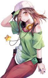 Rule 34 | 1girl, adjusting clothes, adjusting headwear, arm at side, bare shoulders, baseball cap, beads, black wristband, blush, bra strap, brown eyes, brown hair, cellphone, closed mouth, commentary, gaen izuko, green hat, green shirt, hair over one eye, hair strand, hand on headwear, hat, headphones, headphones around neck, highres, holding, holding phone, in pocket, jewelry, long hair, looking at viewer, monogatari (series), necklace, off-shoulder shirt, off shoulder, pants, pendant, phone, prayer beads, red pants, shirt, short sleeves, sideways hat, simple background, sitting, smartphone, solo, star (symbol), t-shirt, white background, white hat, wristband, yuunamida uyu