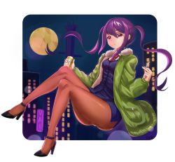 Rule 34 | 1girl, :/, artist name, black footwear, breasts, building, can, cigarette, closed mouth, coat, floating hair, full moon, green coat, hair between eyes, high heels, highres, jill stingray, long hair, long sleeves, moon, open clothes, open coat, pantyhose, pencil skirt, pink eyes, purple hair, red neckwear, skirt, small breasts, smoke, solo, sumtj, twintails, va-11 hall-a, very long hair