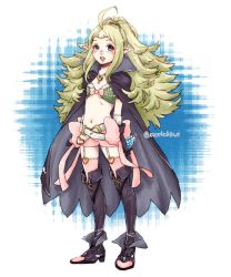 Rule 34 | 1girl, blue eyes, breasts, cape, child&#039;s drawing, cleavage, cleavage cutout, clothing cutout, fire emblem, fire emblem awakening, full body, gloves, green hair, insarability, long hair, navel, nintendo, nowi (fire emblem), open mouth, pointy ears, small breasts, smile, solo, standing