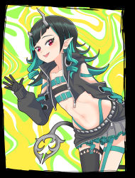 Rule 34 | 1girl, nanashi inc., abstract background, belt, belt bra, black border, black gloves, black hair, black jacket, black skirt, black thighhighs, blue belt, blue hair, blue panties, border, chest belt, clothing cutout, commentary request, cowboy shot, cropped jacket, cross-laced clothes, cross-laced sleeves, demon girl, demon horns, demon tail, fang, flat chest, garter straps, gloves, green background, grey skirt, highleg, highleg panties, highres, horns, jacket, k waremono, layered skirt, leaning forward, long hair, long sleeves, looking at viewer, midriff, multicolored hair, navel, open clothes, open jacket, open mouth, panties, pointy ears, red eyes, russian text, shishio chris, shoulder cutout, single thighhigh, skirt, smile, solo, sugar lyric, tail, thighhighs, two-tone hair, underwear, virtual youtuber, zipper, zipper skirt