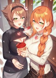Rule 34 | 2girls, black sweater, blush, braid, breasts, brown hair, brown skirt, cleavage, cleavage cutout, clothing cutout, commission, crossover, cup, from above, girls&#039; frontline, grey skirt, hairband, highres, holding, holding cup, kantai collection, kinsenka momi, large breasts, long hair, long sleeves, multiple girls, mutsu (kancolle), official alternate costume, open mouth, outdoors, ribbed sweater, short hair, skeb commission, skirt, snow, springfield (girls&#039; frontline), springfield (o holy night) (girls&#039; frontline), steam, sweater, twin braids, white sweater