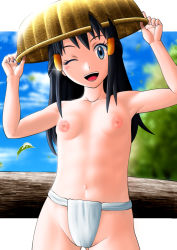 Rule 34 | 1girl, adjusting clothes, adjusting headwear, akari (pokemon), armpits, black hair, blue eyes, blush, breasts, clenched hands, collarbone, creatures (company), day, eyelashes, female focus, fingernails, flat chest, fundoshi, game freak, gen 8 pokemon, gluteal fold, hair ornament, hairclip, hands up, happy, head tilt, japanese clothes, legs, long hair, looking at viewer, navel, neck, nintendo, nipples, one eye closed, open mouth, outdoors, pokemon, pokemon legends: arceus, s.forest, shiny clothes, shiny skin, sidelocks, sky, smile, standing, thighs, topless, traditional clothes, tree, underwear, underwear only, unworn clothes, wink