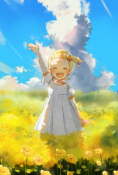 Rule 34 | 1girl, :d, arm up, blonde hair, blue sky, bonnie (pokemon), child, cloud, creatures (company), day, dress, ekm, closed eyes, field, flower, game freak, nintendo, open mouth, outdoors, pokemon, pokemon (anime), short hair, sky, smile, solo, standing, teeth, upper teeth only, white dress