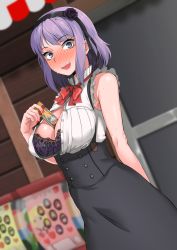 Rule 34 | 10s, 1girl, :d, @ @, absurdres, arm behind back, between breasts, black skirt, blurry, blush, bow, bra, breasts, building, buttons, cleavage, dagashi kashi, depth of field, double-breasted, dutch angle, eyelashes, fingernails, flower, food, full-face blush, hair flower, hair ornament, hairband, highres, lace, lace-trimmed bra, lace trim, large breasts, lingerie, looking at viewer, nail polish, neck ribbon, open clothes, open mouth, outdoors, oxxo (dlengur), purple bra, purple eyes, purple hair, red nails, red ribbon, ribbon, ringed eyes, shidare hotaru, shirt, short hair, skirt, sleeveless, smile, solo, suspender skirt, suspenders, sweat, sweatdrop, teeth, umaibou, unbuttoned, underwear, white shirt