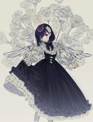 Rule 34 | 1girl, bad id, bad pixiv id, black hair, blush, clothes lift, dress, frilled skirt, frills, hair between eyes, halo, highres, light blush, looking at viewer, naomasap, original, purple eyes, short hair, simple background, skirt, skirt lift, solo, wings