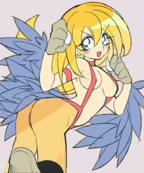 Rule 34 | 1girl, ass, blonde hair, breasts, claws, cosplay, dark magician girl, duel monster, female focus, green eyes, harpie girl (yu-gi-oh!), long hair, looking at viewer, misaka (missa), pantyhose, simple background, solo, winged arms, wings, yu-gi-oh!, yu-gi-oh! duel monsters