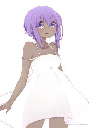 Rule 34 | 1girl, bare arms, bare shoulders, blush, breasts, collarbone, dark-skinned female, dark skin, dress, fate/prototype, fate/prototype: fragments of blue and silver, fate (series), hair between eyes, hassan of serenity (fate), i.u.y, looking at viewer, parted lips, purple eyes, purple hair, see-through, see-through silhouette, simple background, sleeveless, sleeveless dress, small breasts, smile, solo, white background, white dress