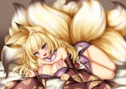 Rule 34 | 1girl, :d, animal ears, bare shoulders, blonde hair, blush, breasts, detached collar, eyebrows, floral print, fox ears, fox shadow puppet, fox tail, highres, japanese clothes, kayou (sennen sensou aigis), large breasts, long hair, looking at viewer, minaha (playjoe2005), mole, mole on breast, multiple tails, no panties, ofuda, open mouth, purple eyes, sennen sensou aigis, smile, solo, tail