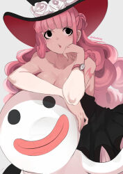 Rule 34 | 1girl, arm support, artist name, bare arms, bare shoulders, black dress, black eyes, breasts, cleavage, daweykun, devil fruit, dress, drill hair, eyes visible through hair, floating hair, hat, highres, horo horo no mi, large breasts, long hair, looking at viewer, one piece, perona, pink hair, shiny skin, simple background, twitter username, very long hair