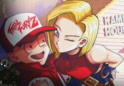 Rule 34 | 1boy, 1girl, absurdres, android 18, bare shoulders, baseball cap, blonde hair, blue eyes, blue mary, blue mary (cosplay), breasts, cosplay, crop top, dragon ball, dragonball z, earrings, fatal fury, fingerless gloves, gloves, hat, highres, jacket, jewelry, kuririn, medium breasts, muten roushi, one eye closed, oversized belt, raydash30, red jacket, short hair, snk, terry bogard, terry bogard (cosplay), the king of fighters