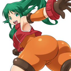 Rule 34 | 00s, 1girl, :d, armlet, armpits, ass, bad id, bad pixiv id, bare shoulders, breasts, brown gloves, cowboy shot, from behind, gloves, green eyes, green hair, long hair, looking at viewer, looking back, maeda r44, matching hair/eyes, open mouth, red shirt, shirt, sleeveless, sleeveless shirt, smile, solo, solty rei, solty revant, spandex, twintails, white background