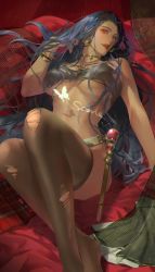 Rule 34 | 1girl, belt, black thighhighs, blush, bracelet, breasts, bug, butterfly, chinese commentary, earrings, godgod1414, gold choker, grey belt, highres, insect, jewelry, large breasts, long hair, looking at viewer, lying, mole, mole under eye, nijisanji, nijisanji en, on back, realistic, red eyes, scarle yonaguni, solo, thighhighs, tongue, tongue out, torn clothes, torn thighhighs, underboob, very long hair, virtual youtuber, wand