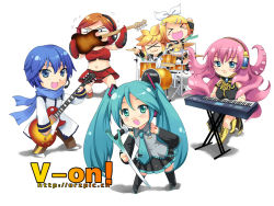 Rule 34 | &gt; &lt;, 2boys, 4girls, :3, > <, aqua hair, band, chibi, closed eyes, drum, drum set, guitar, hatsune miku, instrument, k-on!, kagamine len, kagamine rin, kaito (vocaloid), keyboard (instrument), living hair, megurine luka, meiko (vocaloid), microphone, mouth hold, multiple boys, multiple girls, parody, prehensile hair, spring onion, synthesizer, takoluka, tentacle hair, themed object, thighhighs, tian shi meng mo, twintails, vocaloid, x3