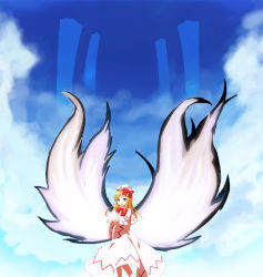 Rule 34 | agent (ikuoikuo), blonde hair, blue eyes, capelet, cloud, cloudy sky, day, energy wings, hat, large wings, lily white, long hair, sky, touhou
