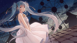 Rule 34 | 1girl, absurdres, amusement park, bare arms, bare shoulders, blue eyes, blue hair, blush, brown ribbon, closed mouth, cloud, commentary request, dress, dutch angle, ferris wheel, hair ribbon, hatsune miku, highres, long hair, looking at viewer, minasenagi, night, night sky, outdoors, pennant, pleated dress, ribbon, roller coaster, sidelocks, sky, sleeveless, sleeveless dress, smile, solo, star (sky), starry sky, twintails, very long hair, vocaloid, white dress, white ribbon