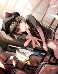 Rule 34 | 1girl, absurdres, almic, black hair, classroom, desk, hair ornament, hairclip, hat, highres, looking at viewer, lying, reaching, reaching towards viewer, solo