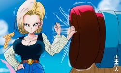 Rule 34 | 1girl, afterimage, android 18, annoyed, belt, blonde hair, blue eyes, bouncing breasts, breasts, cleavage, day, denim, denim skirt, dragon ball, dragon ball (classic), dragonball z, earrings, hand in pocket, high-waist pants, jewelry, large breasts, long sleeves, looking to the side, motion blur, motion lines, outdoors, pants, punching, shirt, short hair, skirt, sky, solo, unaligned breasts, v-shaped eyebrows, yamamoto doujin