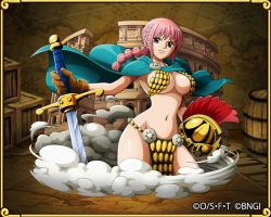 Rule 34 | 1girl, armor, bikini armor, braid, breasts, female focus, gladiator, gloves, helmet, large breasts, long hair, looking at viewer, one piece, pink hair, rebecca (one piece), solo, sword, weapon