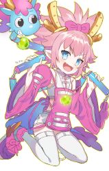Rule 34 | 1girl, bow, brown horns, detached sleeves, elizabeth bathory (fate), fangs, fate/grand order, fate (series), hair bow, highres, holding, holding weapon, horns, jewelry, kneeling, kumonryuu eliza (fate), looking at viewer, necklace, open mouth, outline, pink footwear, pointy ears, shirt, shorts, tetsu (teppei), thighhighs, weapon, white background, white shirt, white shorts, white thighhighs, yellow outline