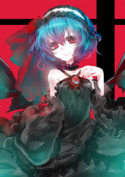 Rule 34 | 1girl, alternate costume, black collar, black dress, black sleeves, blue hair, brooch, closed mouth, collar, commentary, cowboy shot, demon wings, detached sleeves, dress, fingernails, frilled hairband, frilled sleeves, frills, hair between eyes, hair ribbon, hairband, jewelry, kagu (a hazy moon), long sleeves, looking at viewer, nail polish, red eyes, red nails, red ribbon, remilia scarlet, ribbon, sharp fingernails, short hair, smile, solo, touhou, white hairband, wide sleeves, wings
