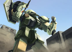 Rule 34 | atsajh, axe, building, clenched hand, from below, gundam, highres, holding, holding axe, looking to the side, mecha, mobile suit gundam, no humans, over shoulder, robot, sky, solo, zaku ii, zeon