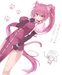 Rule 34 | 1girl, animal ears, blush, breasts, cat ears, cat tail, fingerless gloves, flying sweatdrops, gloves, hair ribbon, long hair, lyrical nanoha, mahou shoujo lyrical nanoha, mahou shoujo lyrical nanoha a&#039;s, minchi (lordofthemince), paw print, pink hair, ponytail, ribbon, shamal, signum, grey eyes, solo, tail, translation request, very long hair, white background