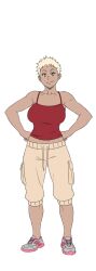Rule 34 | 1girl, bare shoulders, blonde hair, breasts, cargo pants, dark skin, full body, green eyes, hands on own hips, highres, large breasts, looking at viewer, naomi (sgt crisis), original, pants, red shirt, sgt crisis, shirt, shoes, short hair, simple background, smile, sneakers, solo, tank top, white background