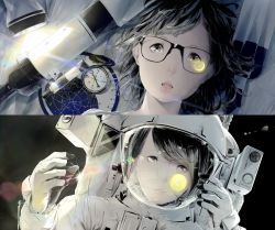 Rule 34 | 1girl, black hair, compass, glasses, looking at viewer, moon, open mouth, original, short hair, sousou (sousouworks), space, spacesuit, telescope